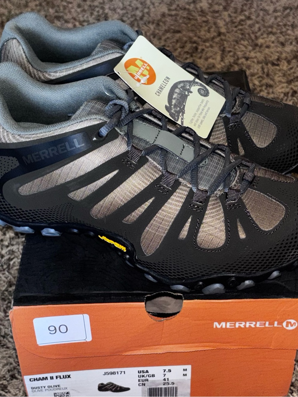 J598171 Mens Merrell Cham II Flux Size 7.5 Dusty Olive Hiking Shoes New